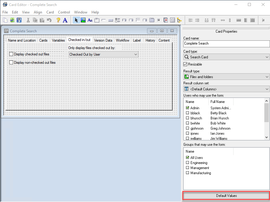 Set SOLIDWORKS PDM as the default user in the search cards