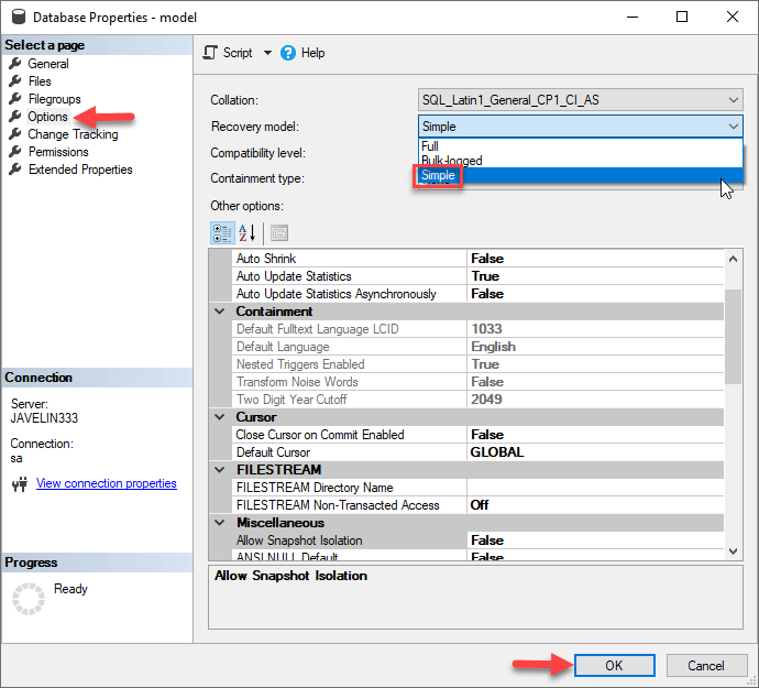 How to change the default Recovery Model Option for new SQL Databases