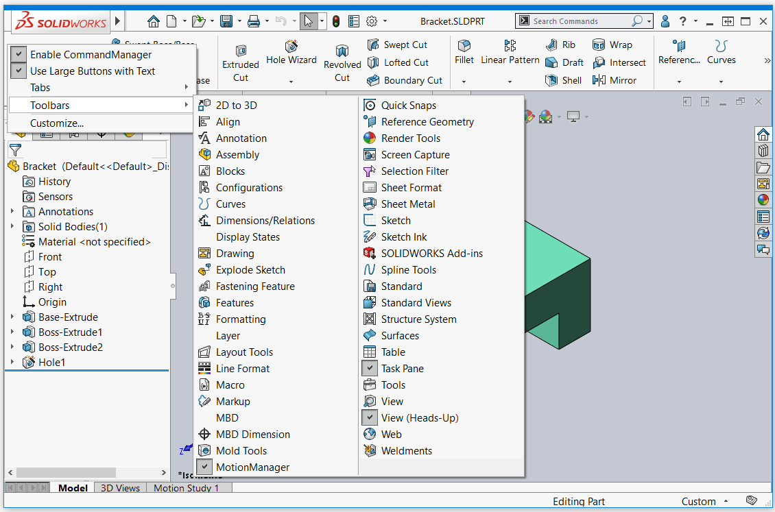 SOLIDWORKS 2020 Command Manager and Toolbar controls