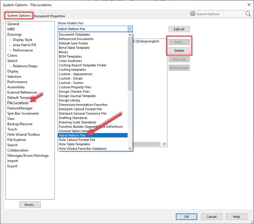 SOLIDWORKS 2021 Location of the Hatch Pattern File