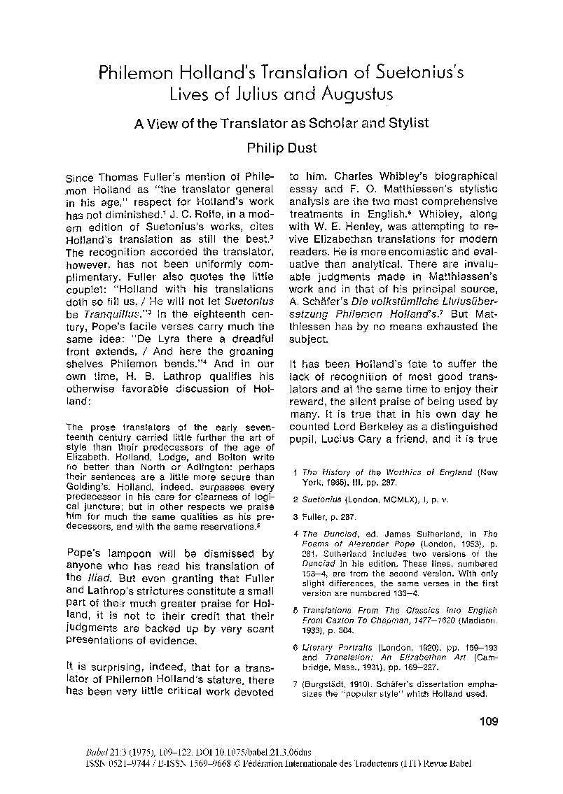 Philemon Holland's Translation of Suetonius's Lives of Julius and