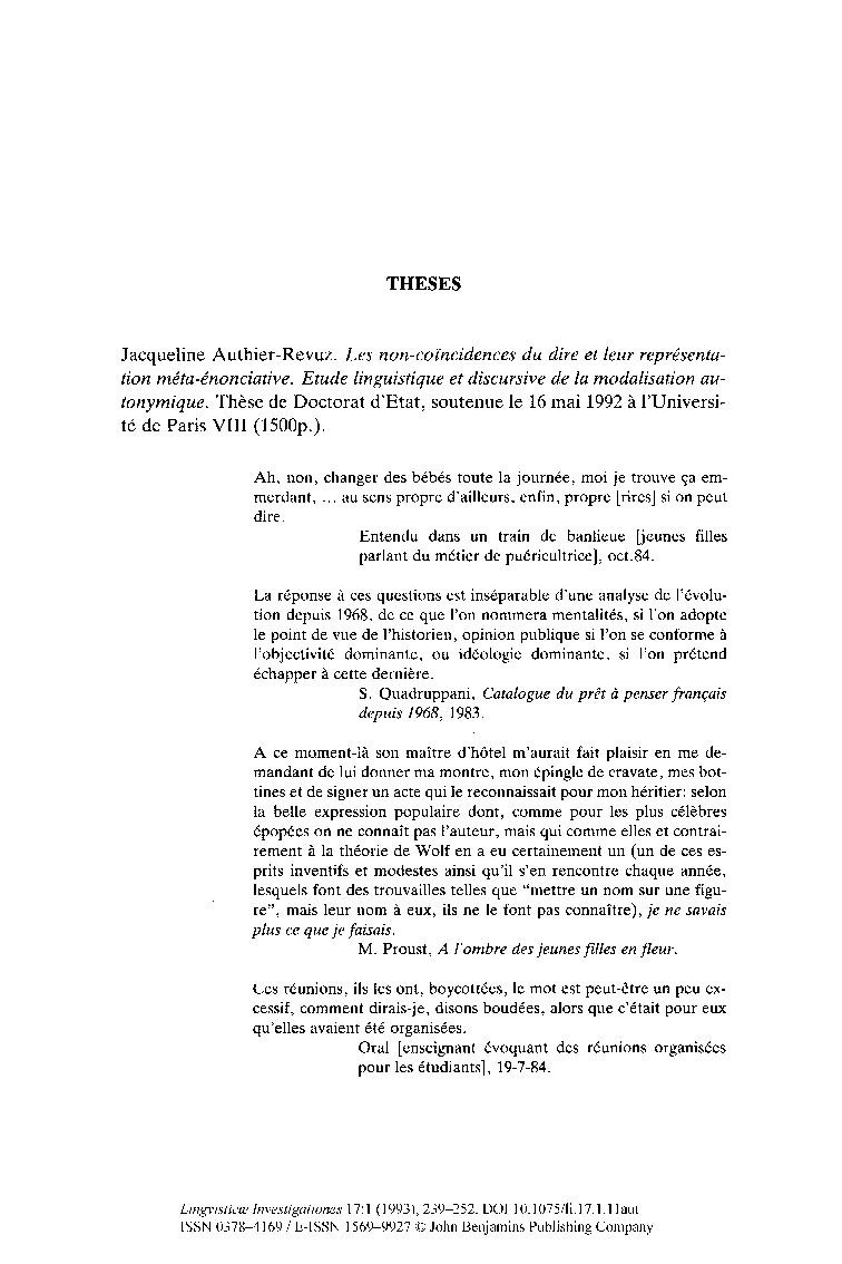 Jacqueline AuthierRevuz. Les noncoïncidences du dire et leur