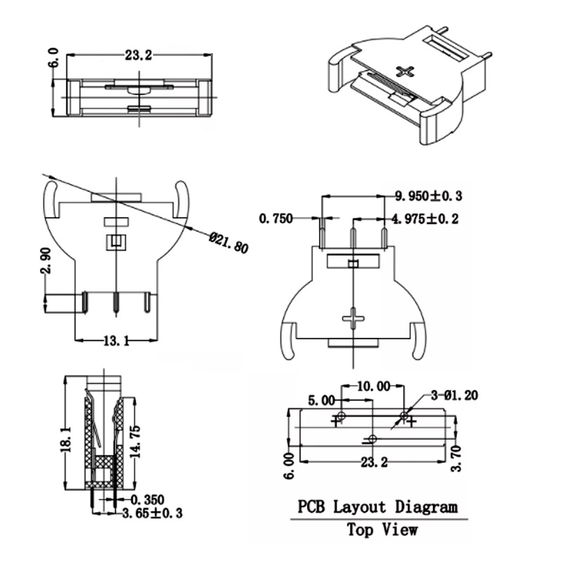 CR2032 Battery Cell Holder Through Hole