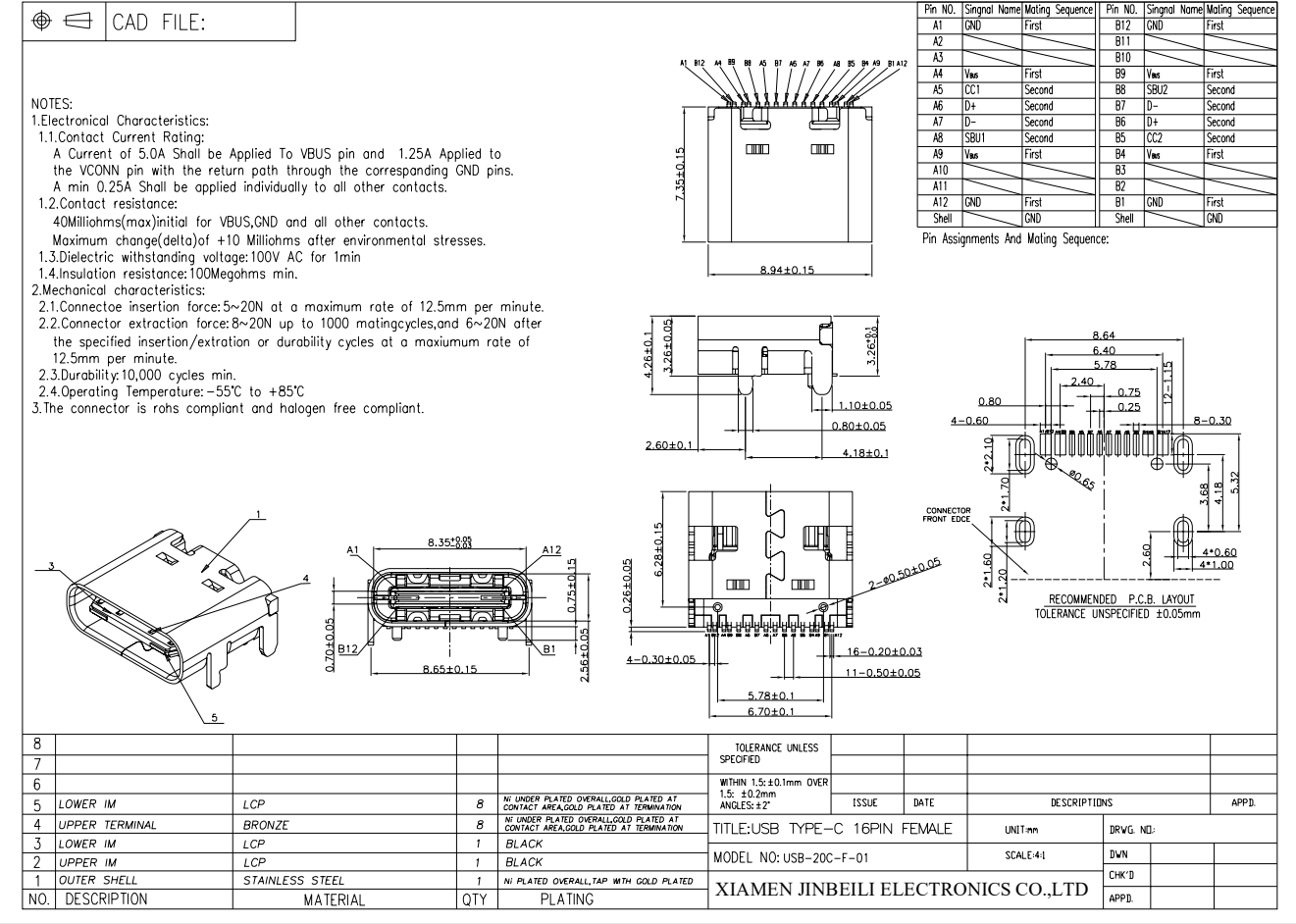 USB-20C-F-01 USB 2.0 Type C Receptacle 16Pin Surface Mount Through Hole