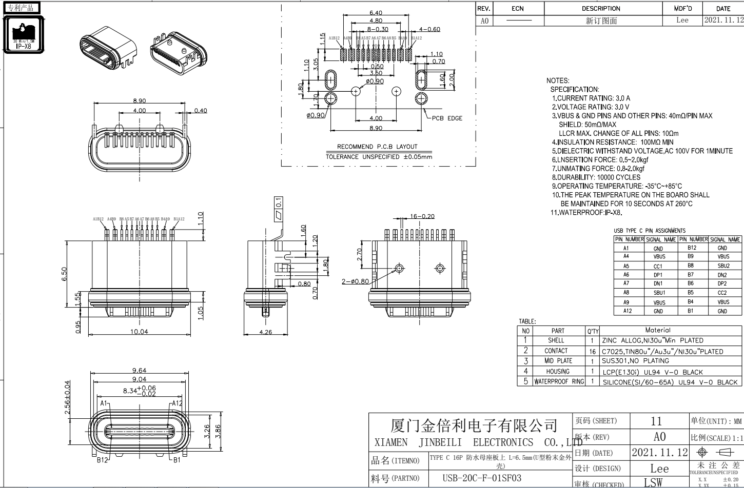 USB20CF01SF03 IPX8 Waterproof USB Type C Receptacle 16Pin SMD Right