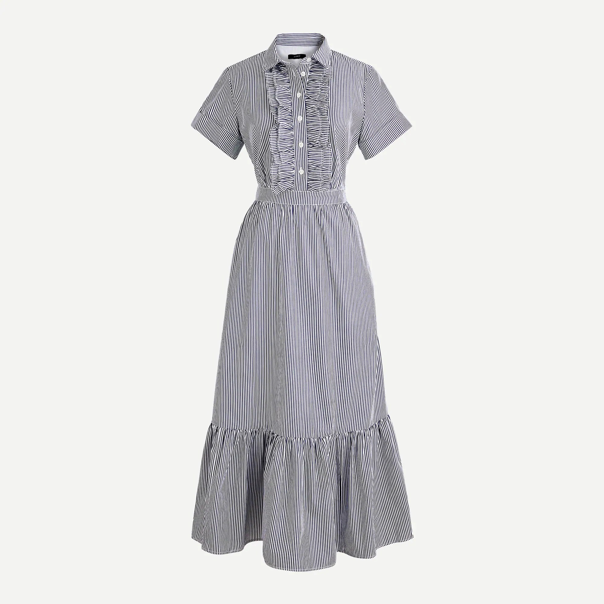 J.Crew Rufflefront Midi Dress In Striped Cotton Poplin For Women