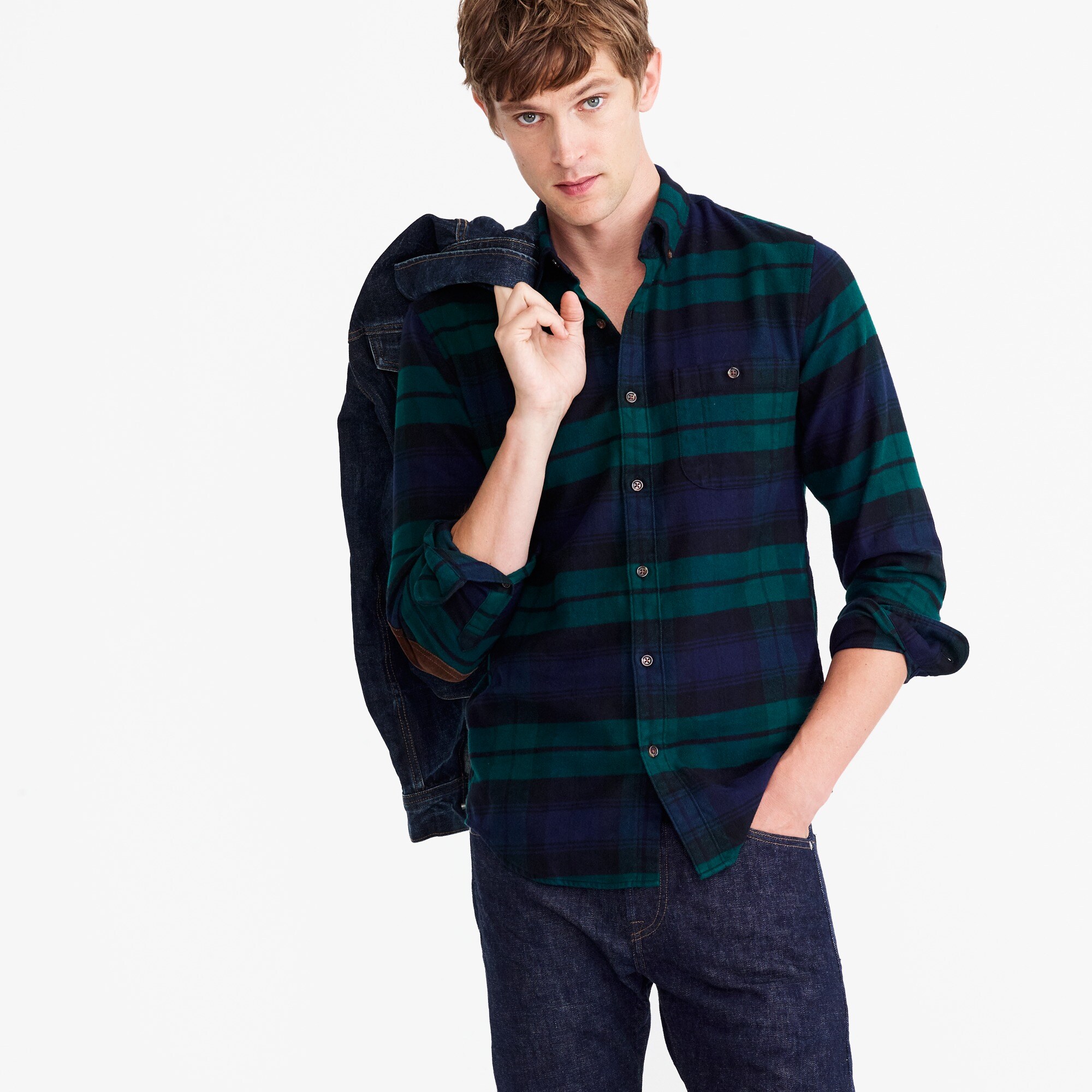 Slim brushed heather elbowpatch shirt in Black Watch tartan Men