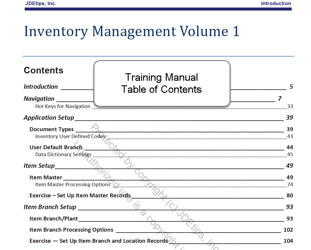 Outline for JD Edwards Inventory Management Training