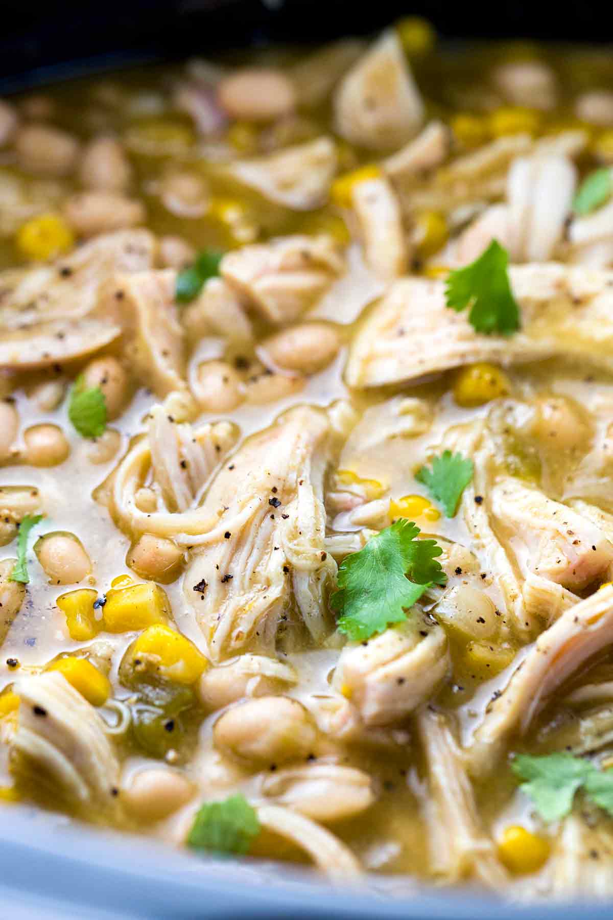 Then add beans, chicken broth, tomatoes, bay leaf, bouillon powder, and salt. White Bean Chicken Chili Crockpot Recipe | Jessica Gavin
