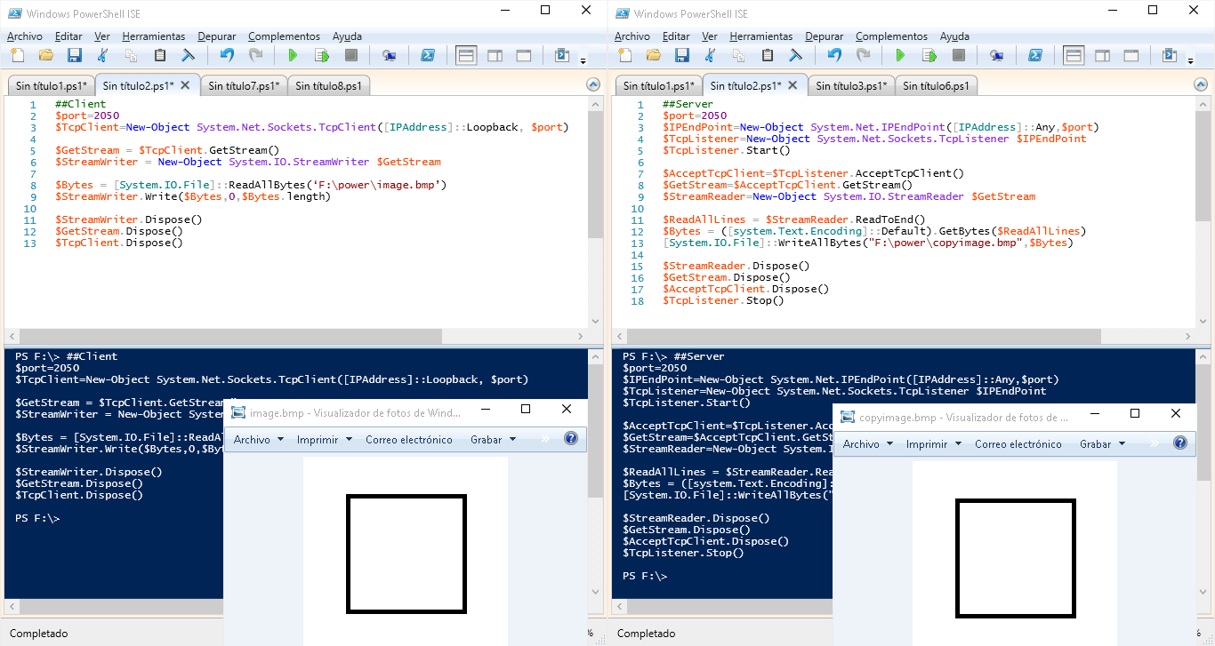 Transfer image between server and client using PowerShell (Sockets TCP