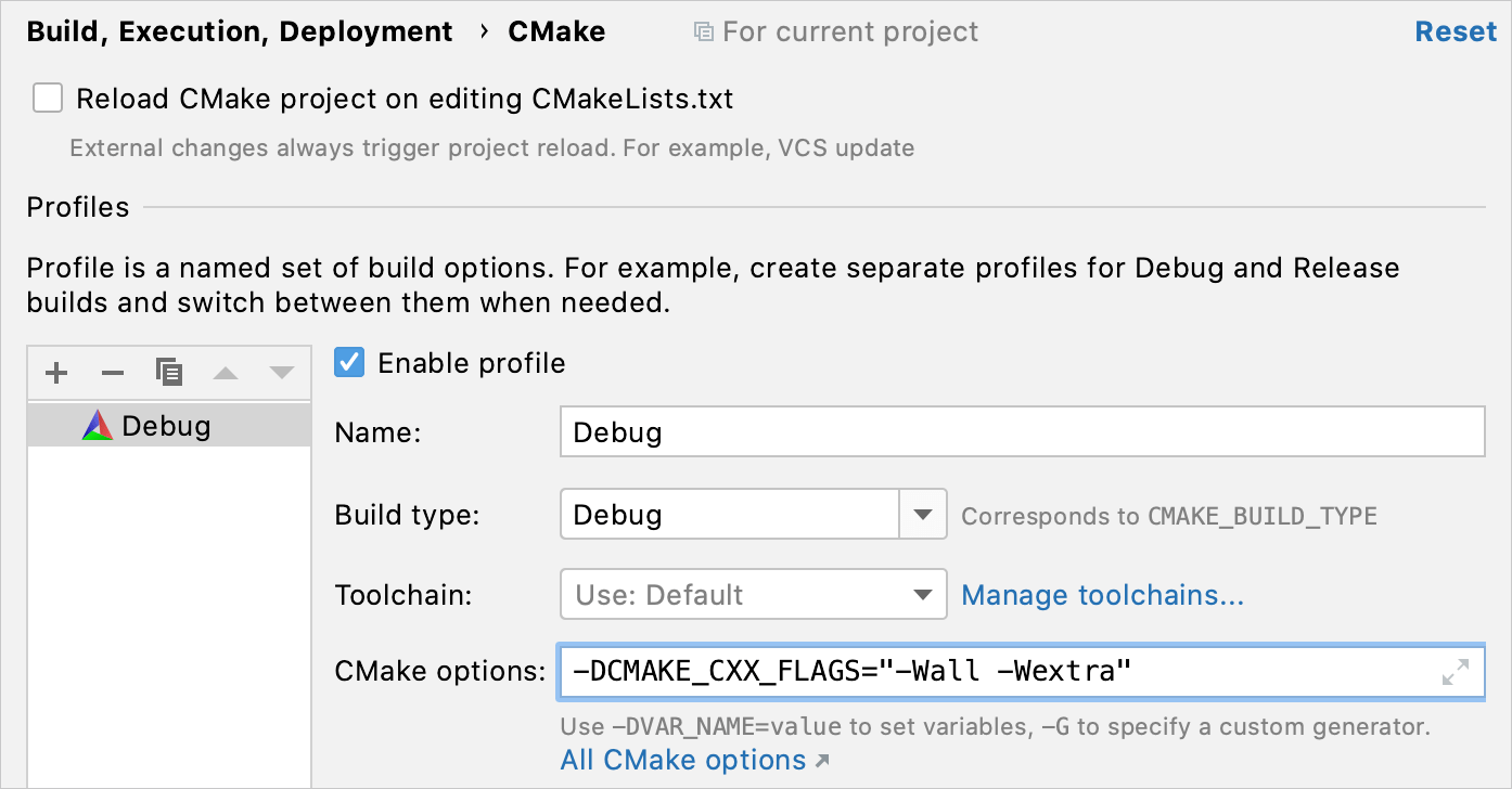 CMake profiles Help CLion