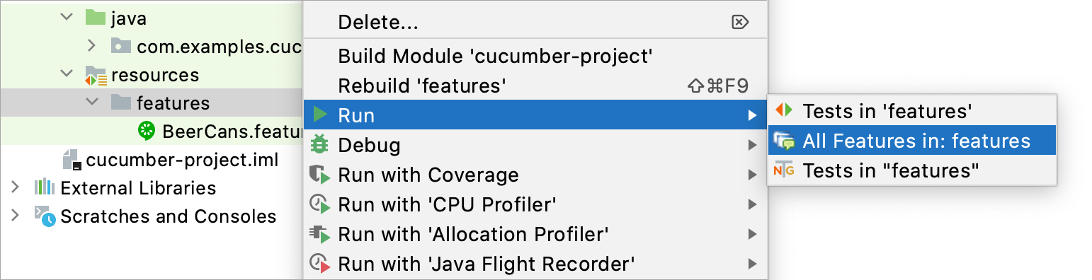 Run Cucumber tests—IntelliJ IDEA