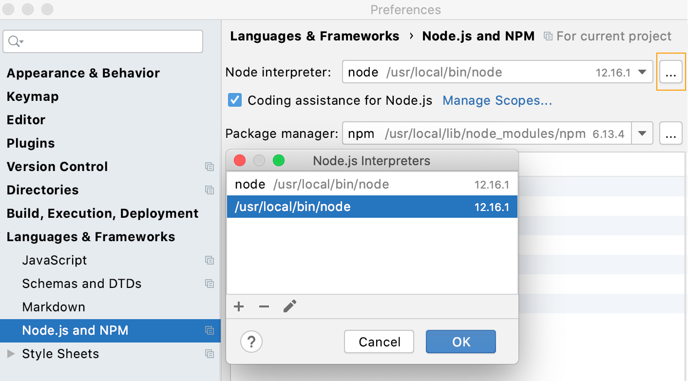 Node.js Interpreters Dialog—IntelliJ IDEA