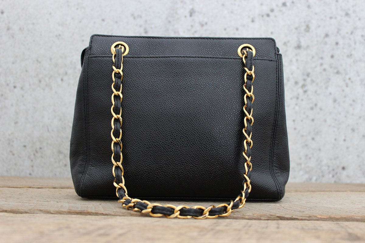 Chanel Black Caviar Leather Double Chain Shoulder Bag