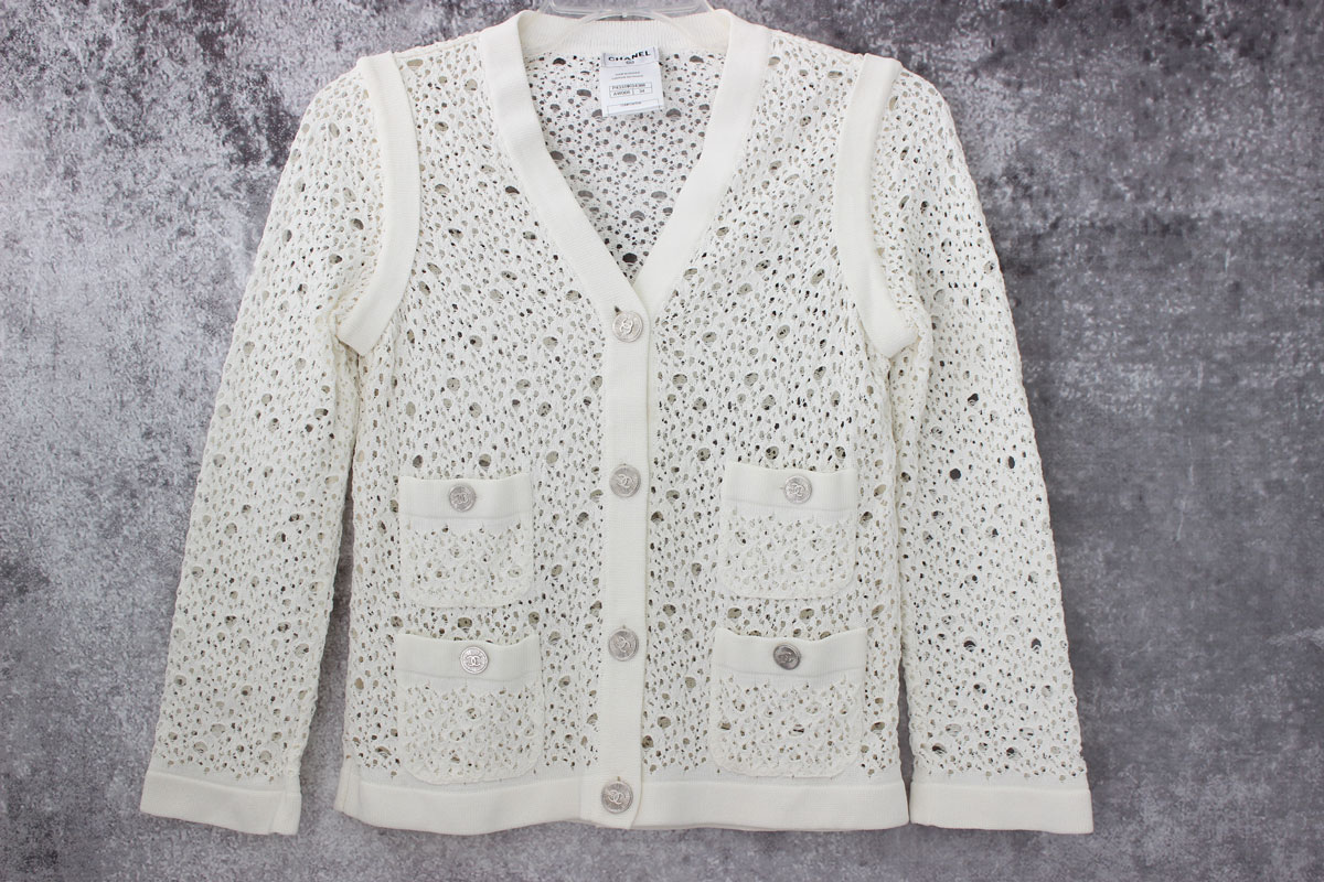 Chanel white crochet knit cropped cardigan 34 at Jill's Consignment