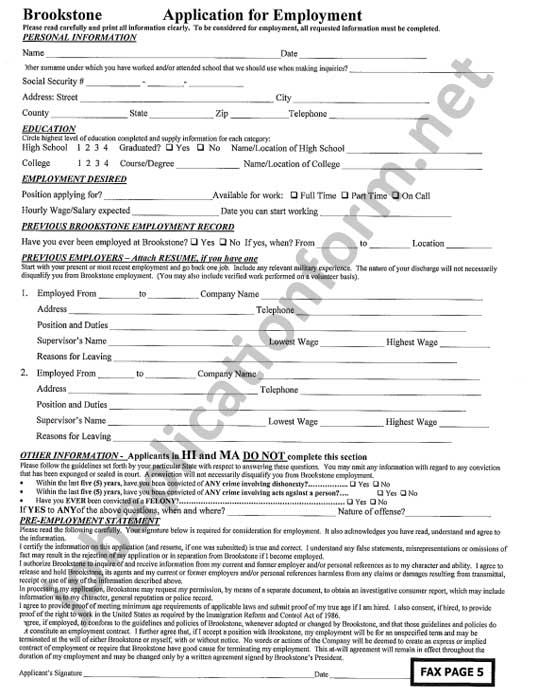 Brookstone Application Form Printable PDF Careers & Job Applications