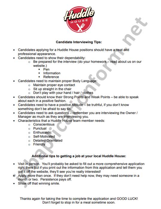Huddle House Application Form Printable PDF Careers & Job