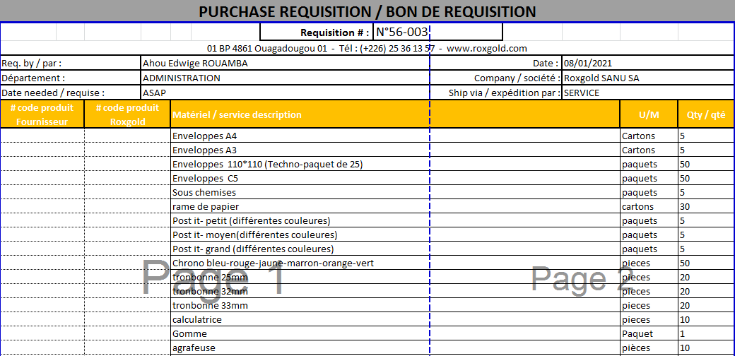 DEMANDE DE COTATION POUR DES FOURNITURES DE BUREAUREQ56