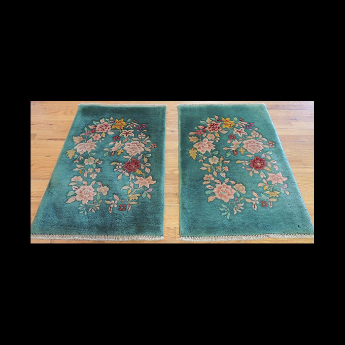 Matching Antique Pair Art Deco Chinese Oriental Area Rugs 2 x 3 JK148