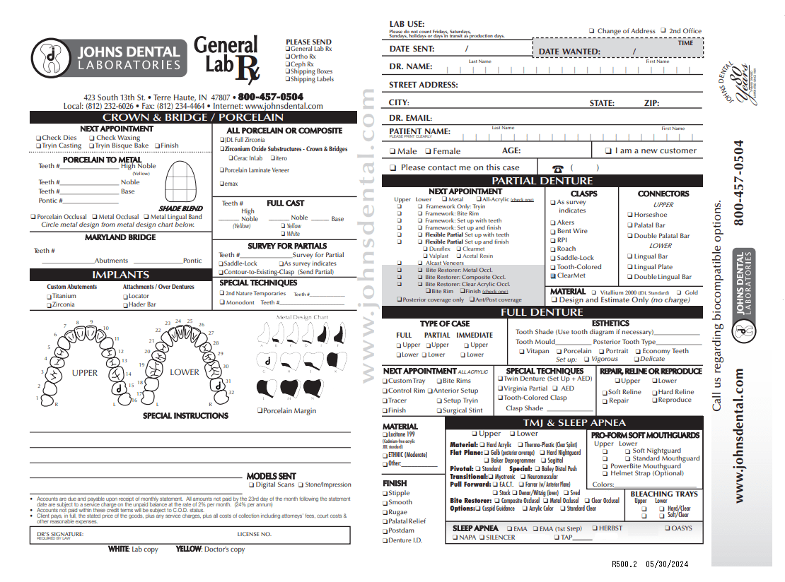 Rx Forms Johns Dental Lab