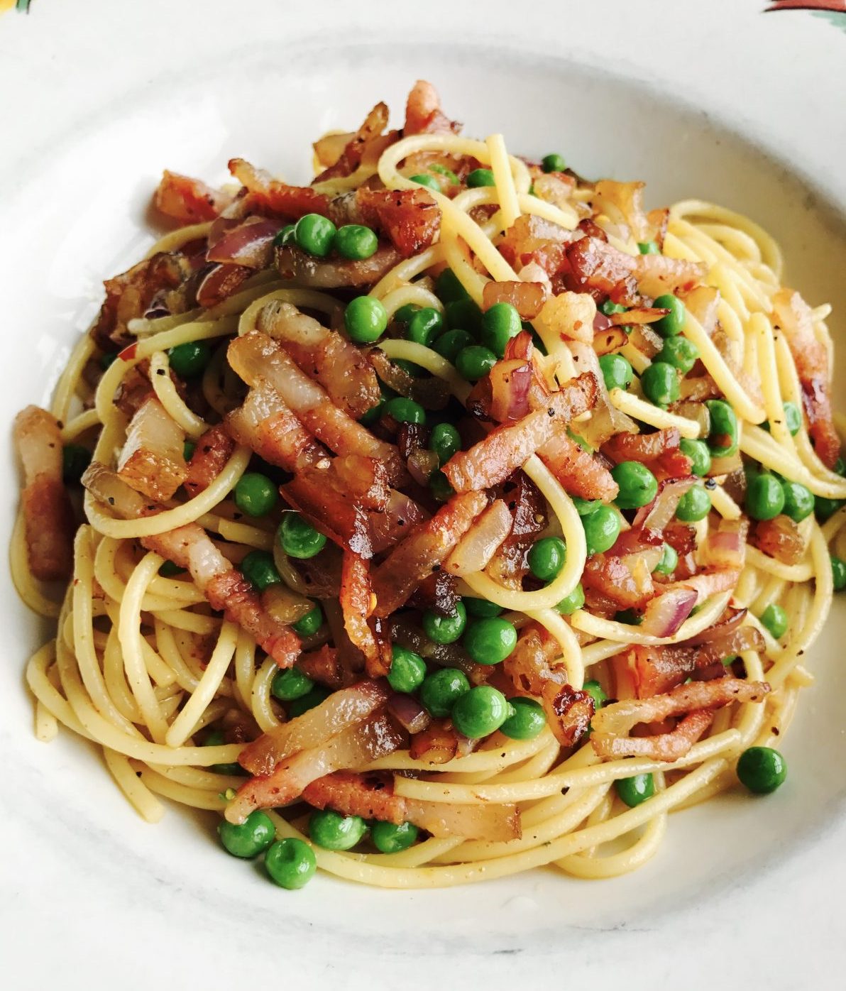 Spaghetti with Pork Jowl Bacon and Green Peas Johnston's