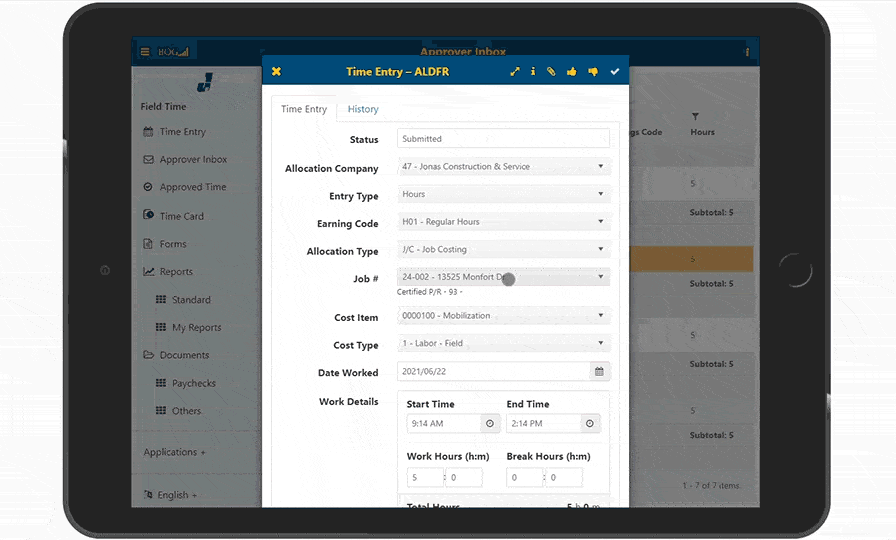 Construction Field Time Entry Timesheet Tracking