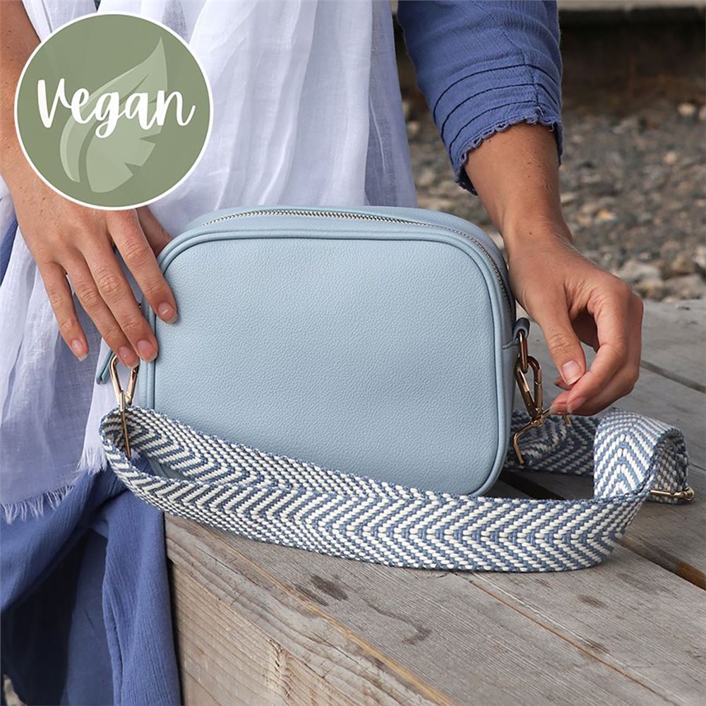 Pom Vegan Leather Camera Bag With Chevron Strap Blue Jonzara
