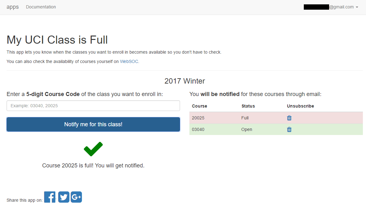 Web app My UCI class is full JP