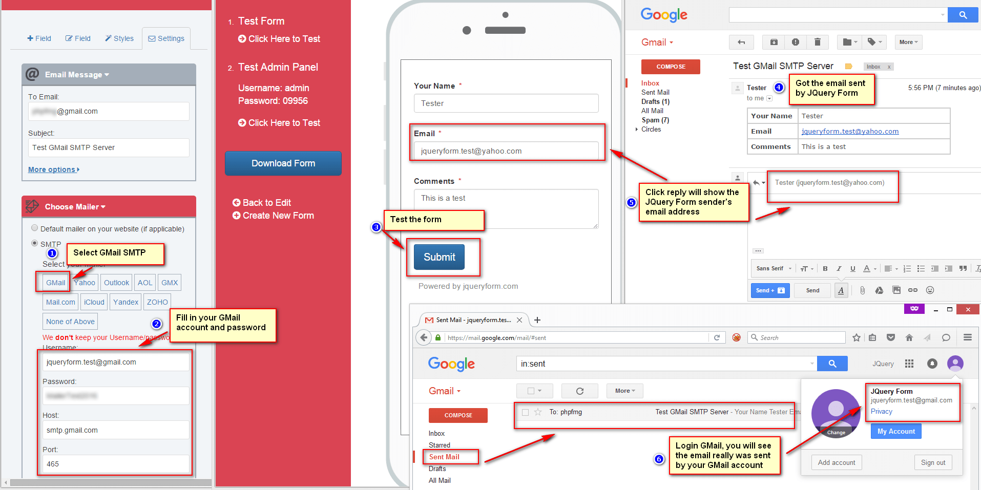 Use GMail SMTP server as JQuery Form mailer