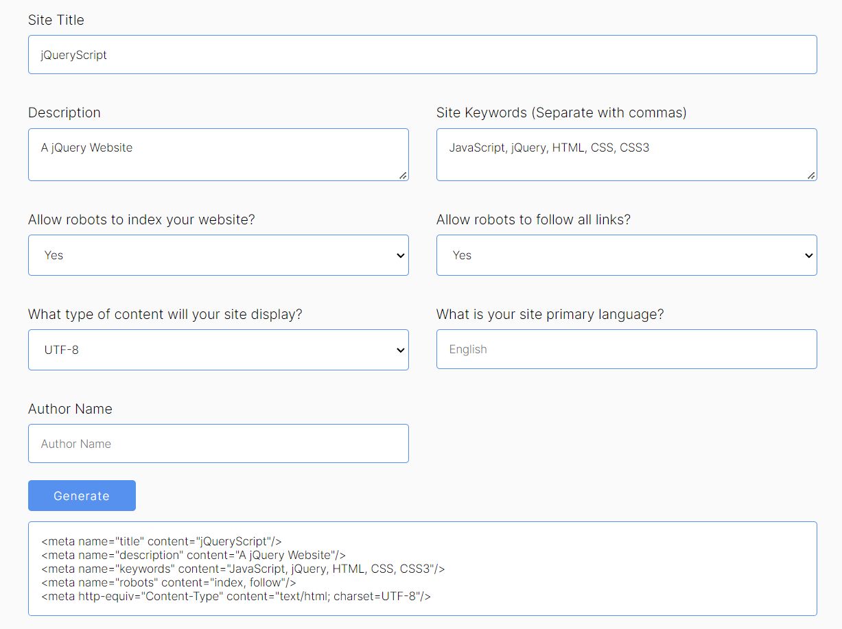 Free HTML Meta Tag Generator Tool Free jQuery Plugins
