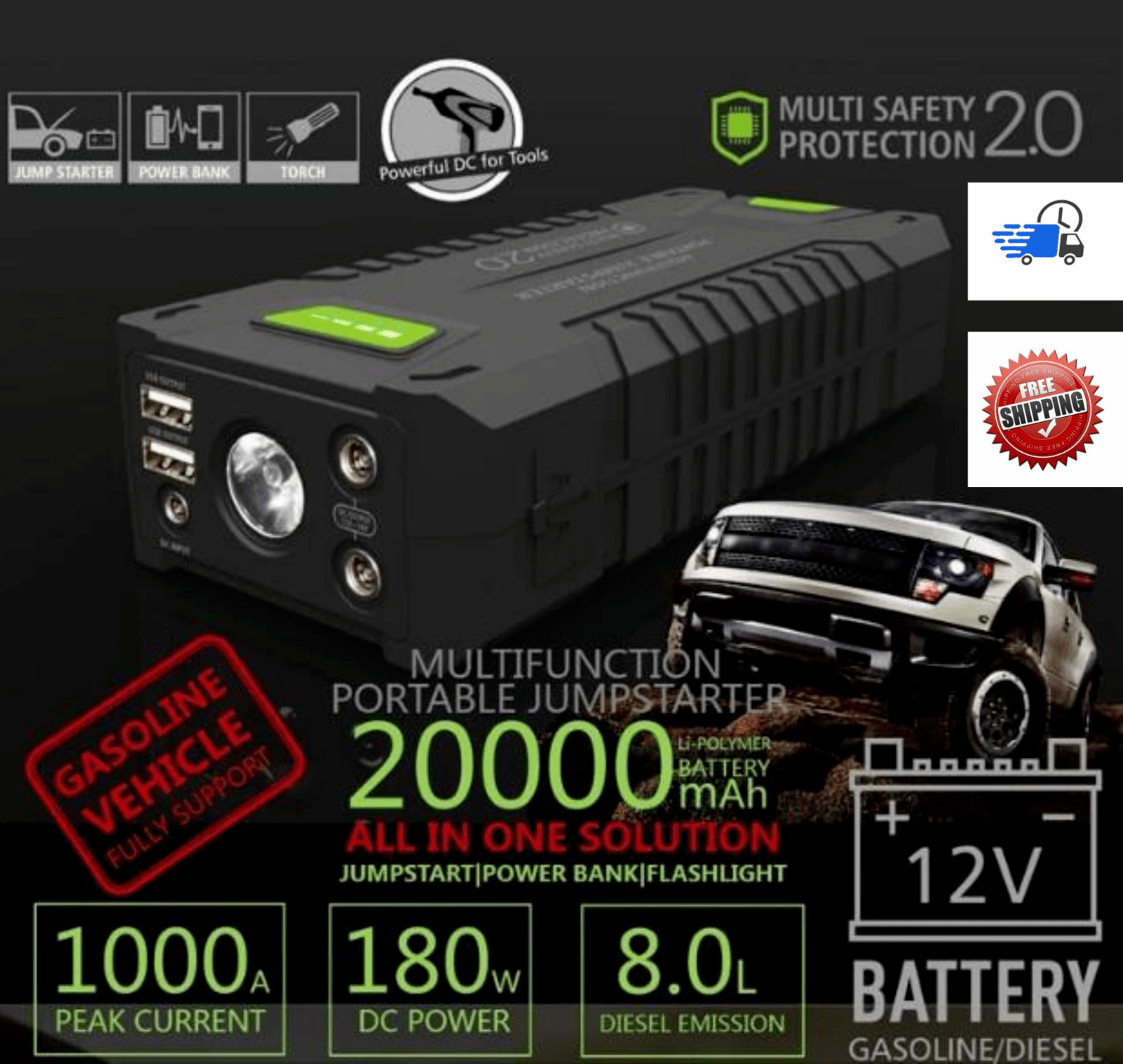 Portable Jump Starter 1000 Amp Power Bank 20000mAh starts 8.0L Diesel and Petrol