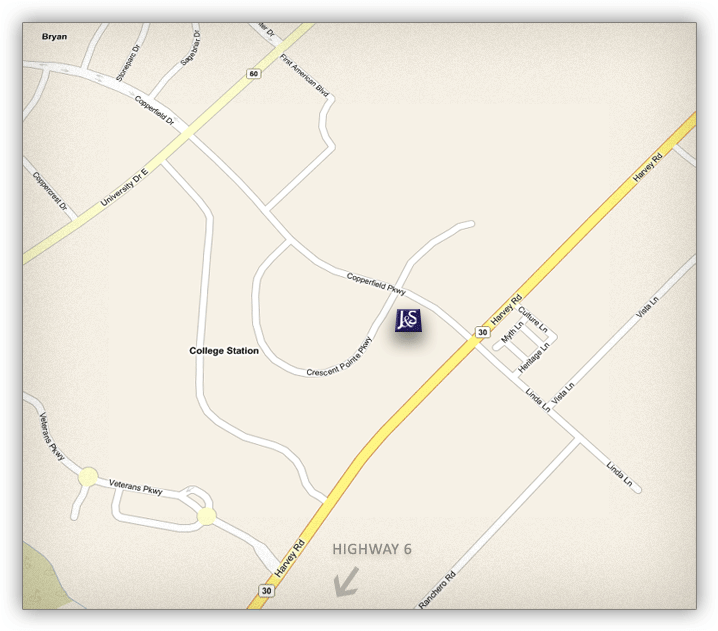 Location and directions to J&S Studies in College Station, Texas