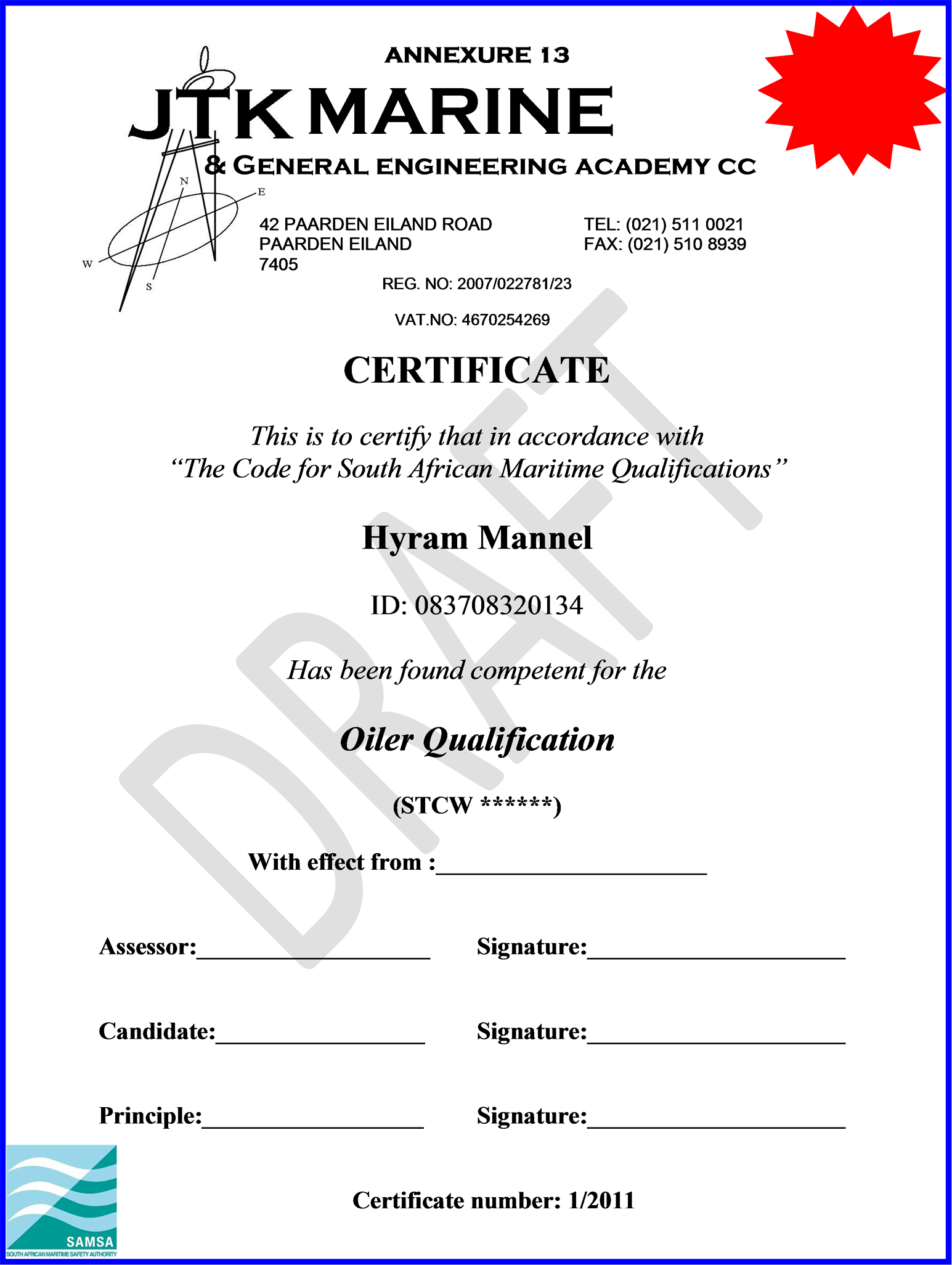 JTK Marine Engineering Certificate