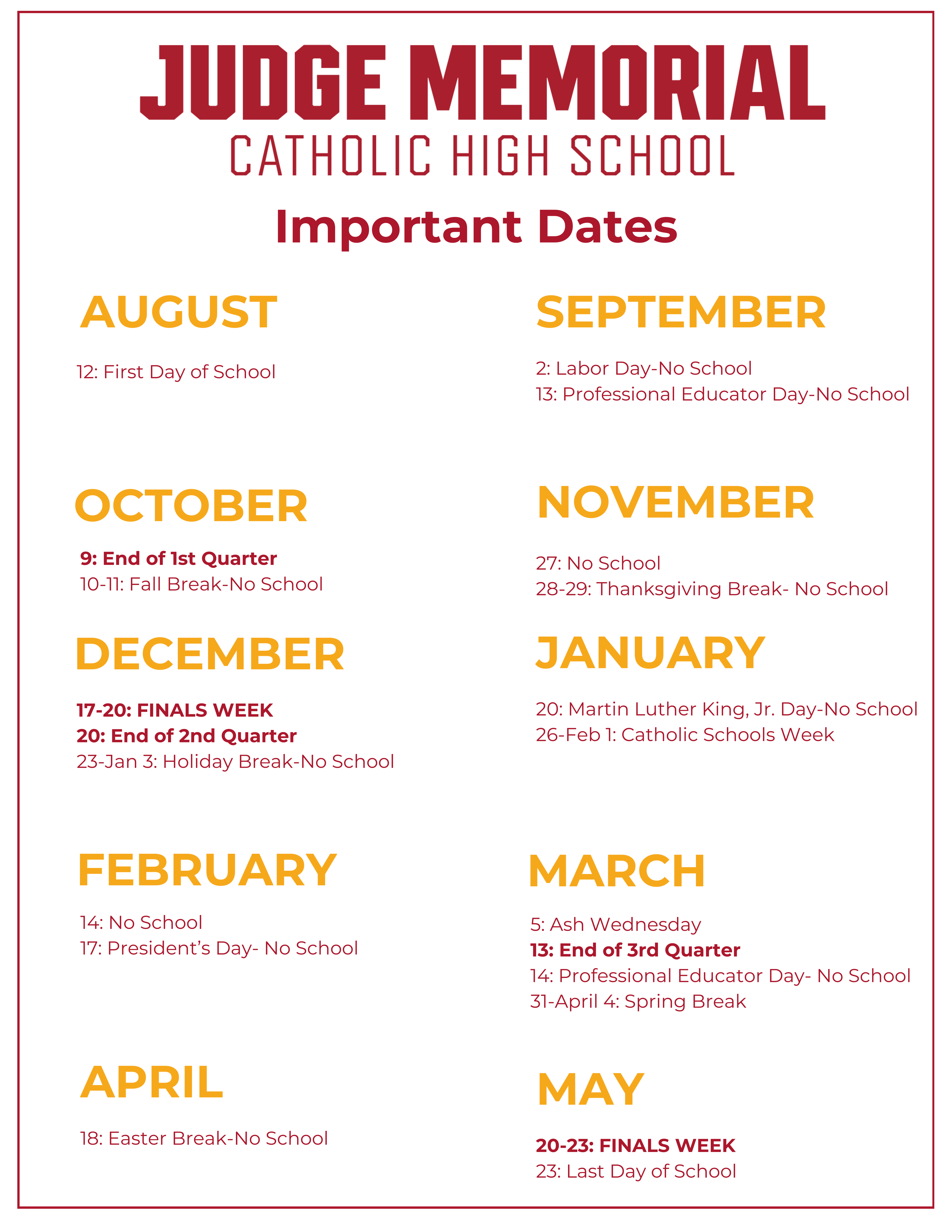 Judge Memorial Master Calendar — Judge Memorial Diverse & Inclusive College Preparatory School