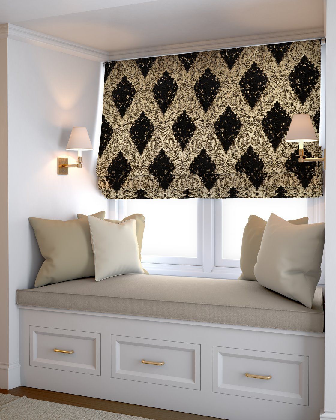 Custom black and gold Roman blind. Bespoke Roman blinds UK.