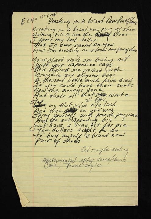 johnny cash handwritten &ldquo;breaking in a brand new pair of shoes&rdquo; lyrics