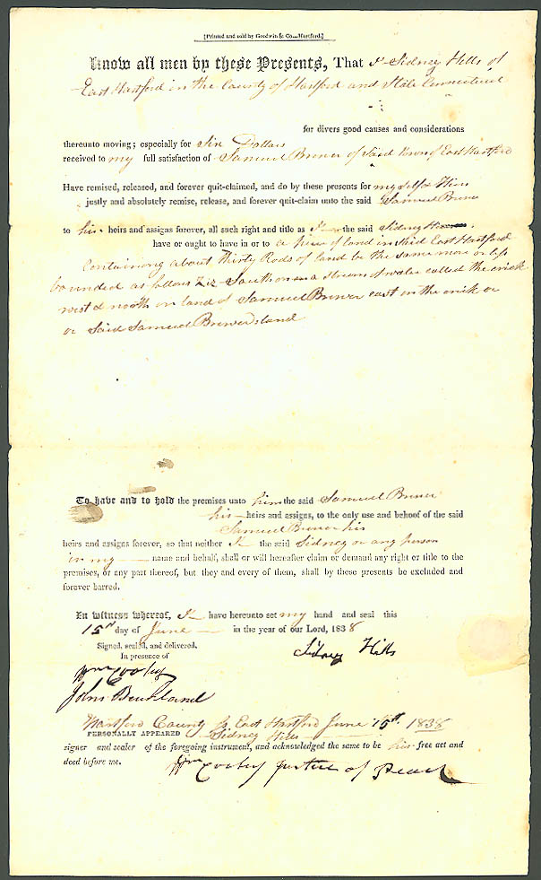 1838 deed Samuel BrewerSidney Hills E Hartford CT