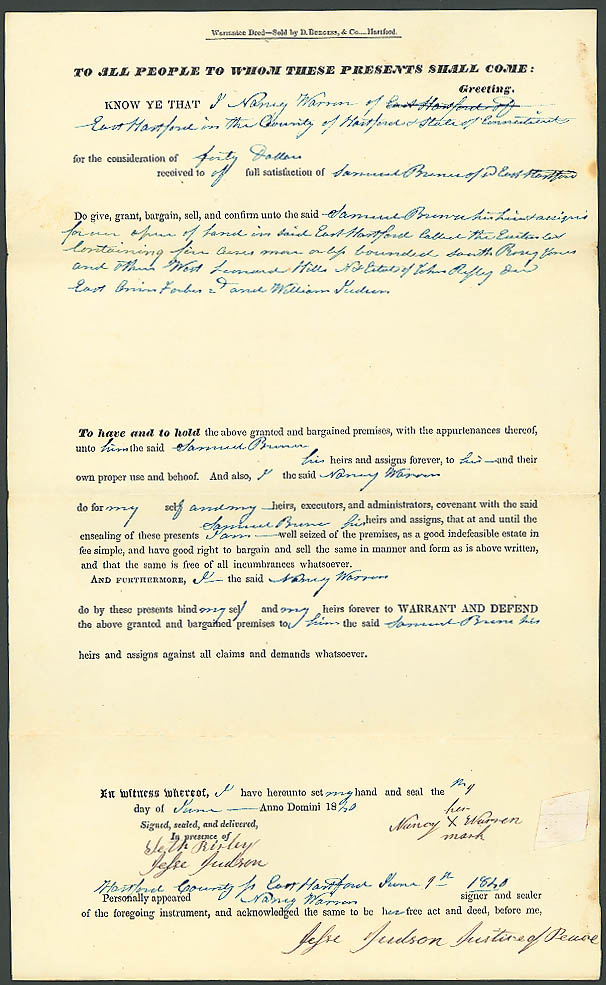 1840 deed Samuel BrewerNancy Warren E Hartford CT