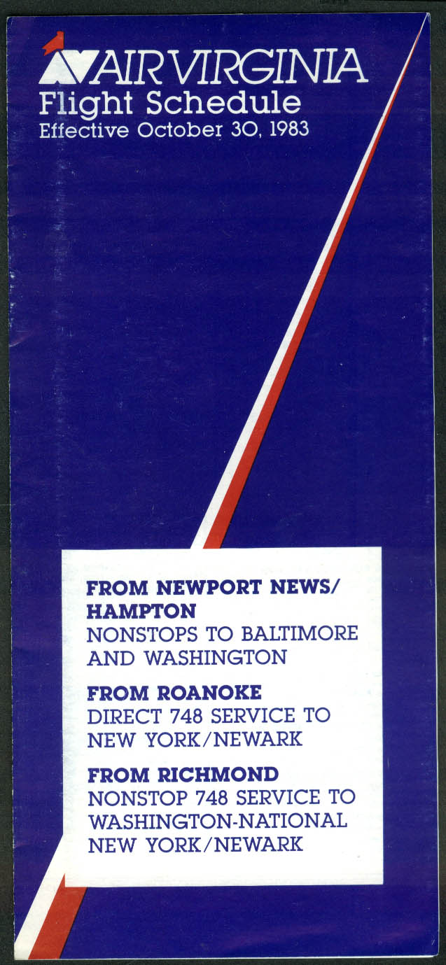Air Virginia airline timetable from 10/30 1983 Newport News Roanoke