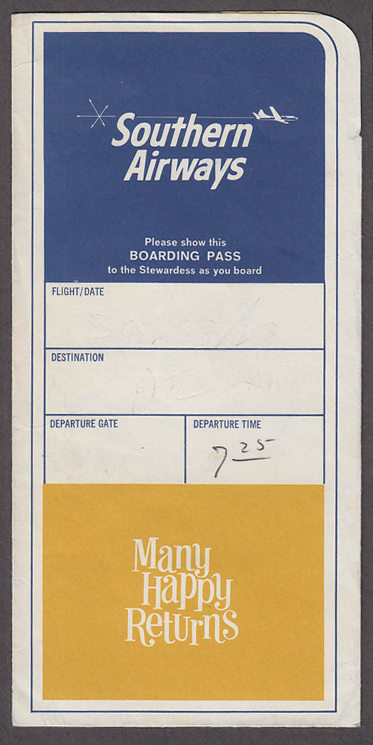 Southern Airways airline ticket wrapper / boarding pass 1960s DC9
