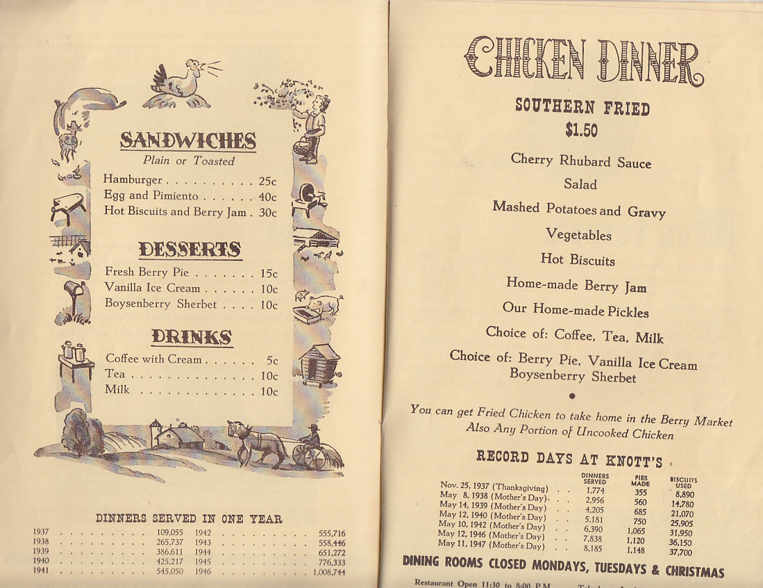 Knott's Berry Farm Dinner Menu Buena Vista CA 1948