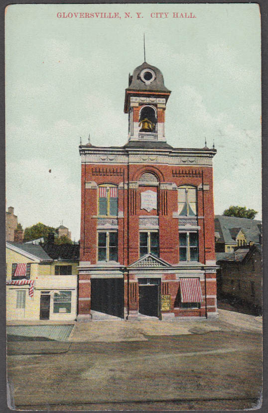 City Hall & Fire House & Barber Shop Gloversville NY postcard ca 1910