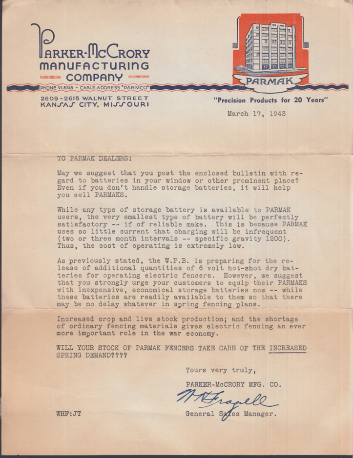 ParkerMcCrory Mfg PARMAK Electric Fencer Battery sales letter Kansas