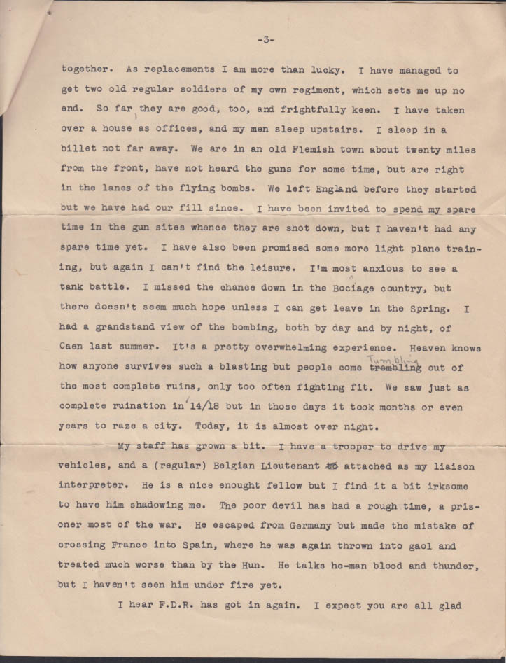Typed report of an officer's activity in World War II 1944 V1 Rockets
