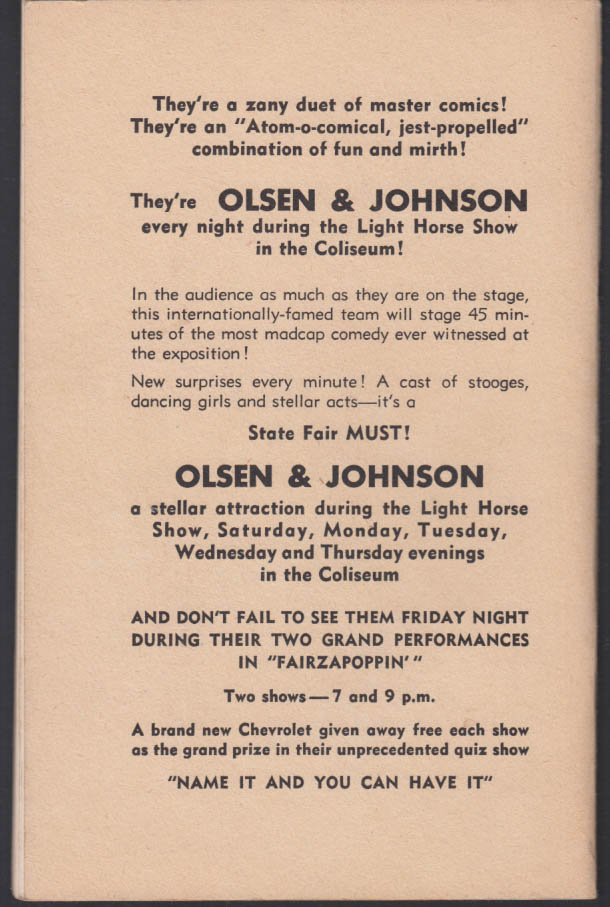 New York State Fair Horse Show Program 1951 Olsen & Johnson Fairzapoppin