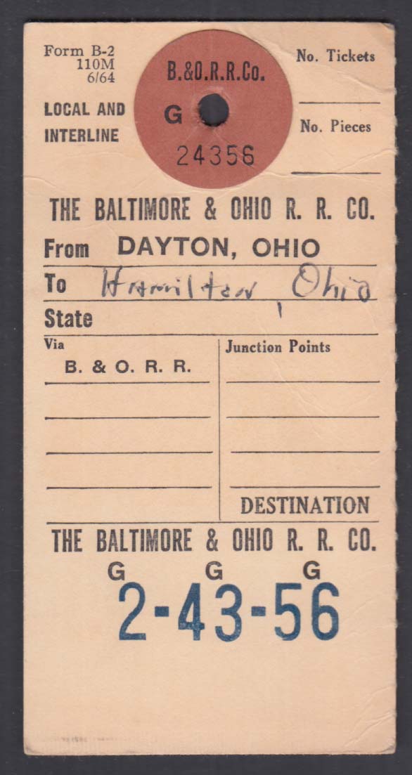 Baltimore & Ohio Railroad luggage tag DaytonHamilton OH 1964