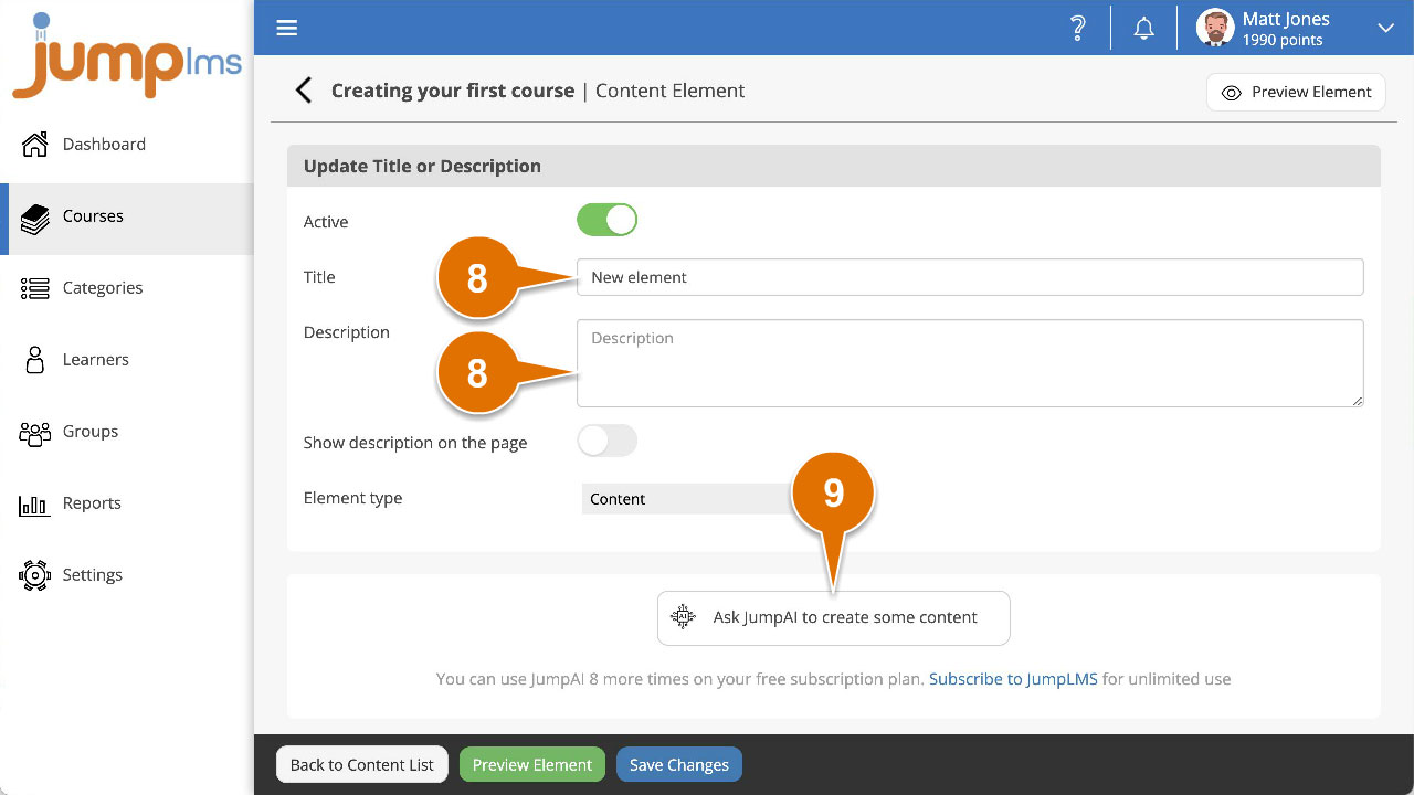 How to create a HTML content element JumpLMS