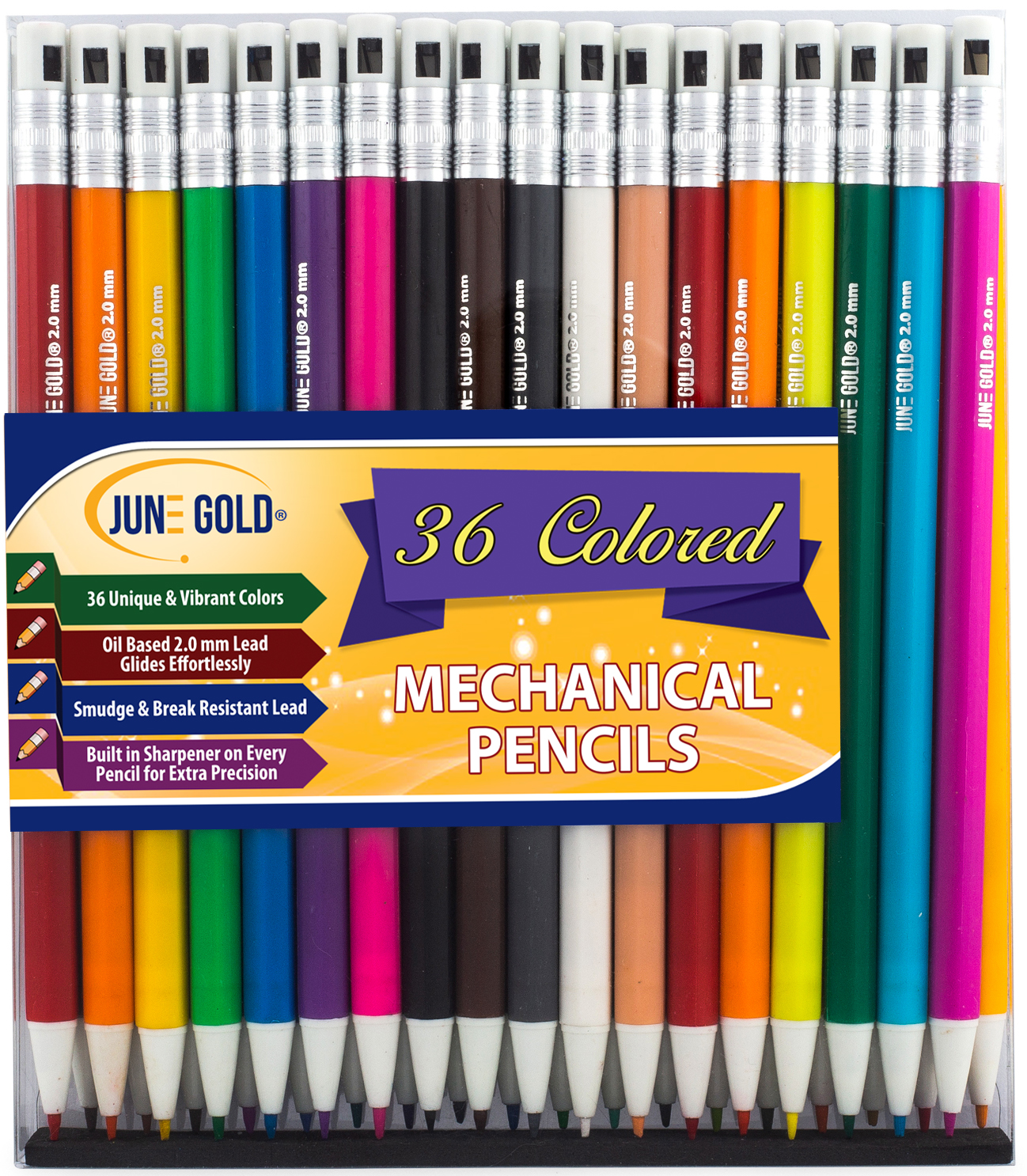 36 Pack of 2.0 mm Assorted Colored Mechanical Pencils June Gold
