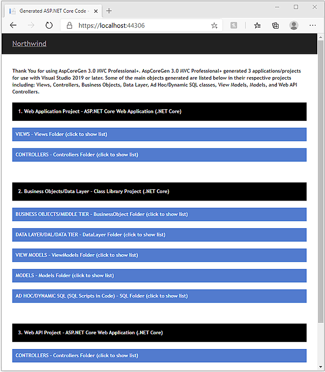 AspCoreGen 3.0 MVC Product Screenshots