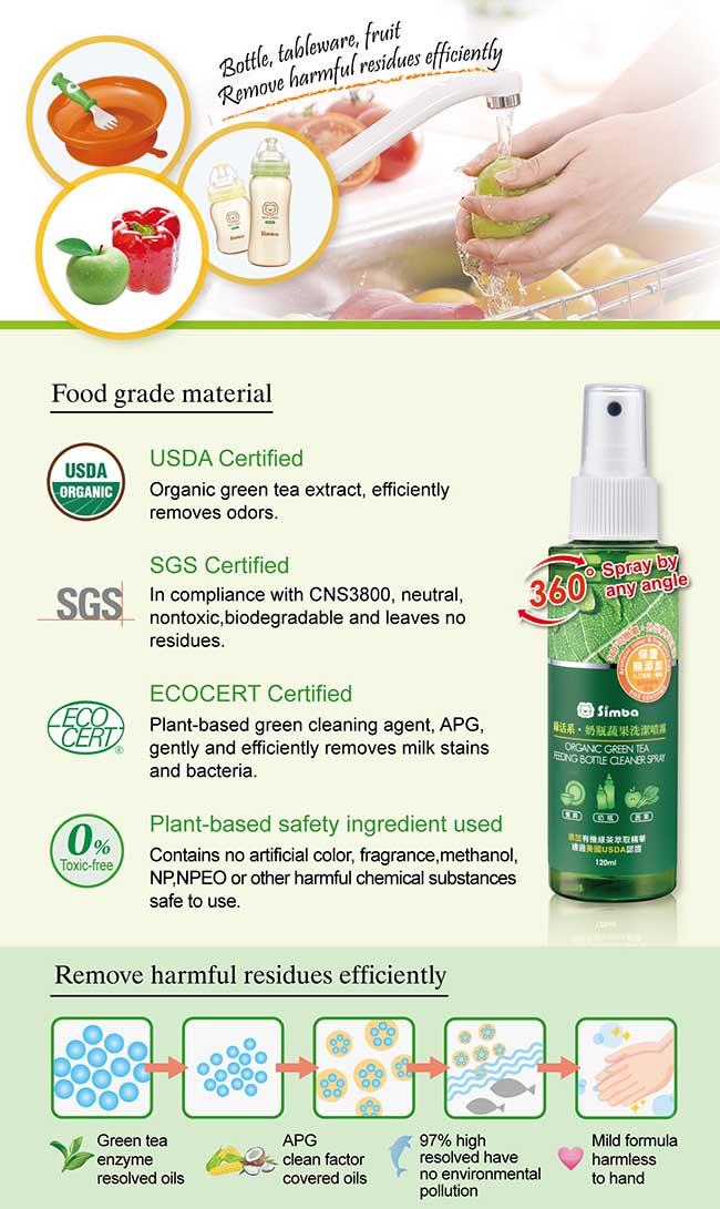 SIMBA Organic Green Tea Feeding Bottle & Fruits Cleanser [Spray] 120ml